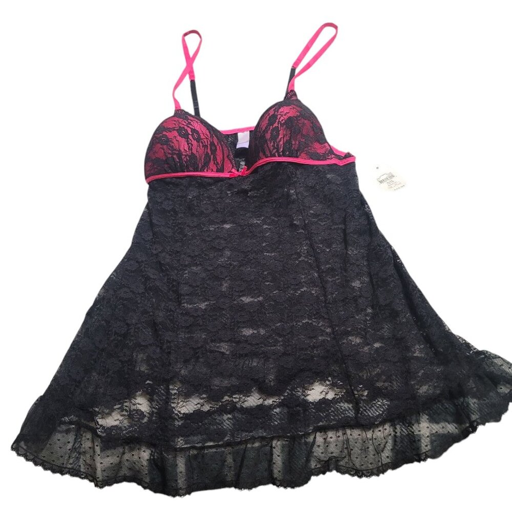 NWT Secret Treasures Lace Babydoll, size 16-18, color Black and Hot Pink